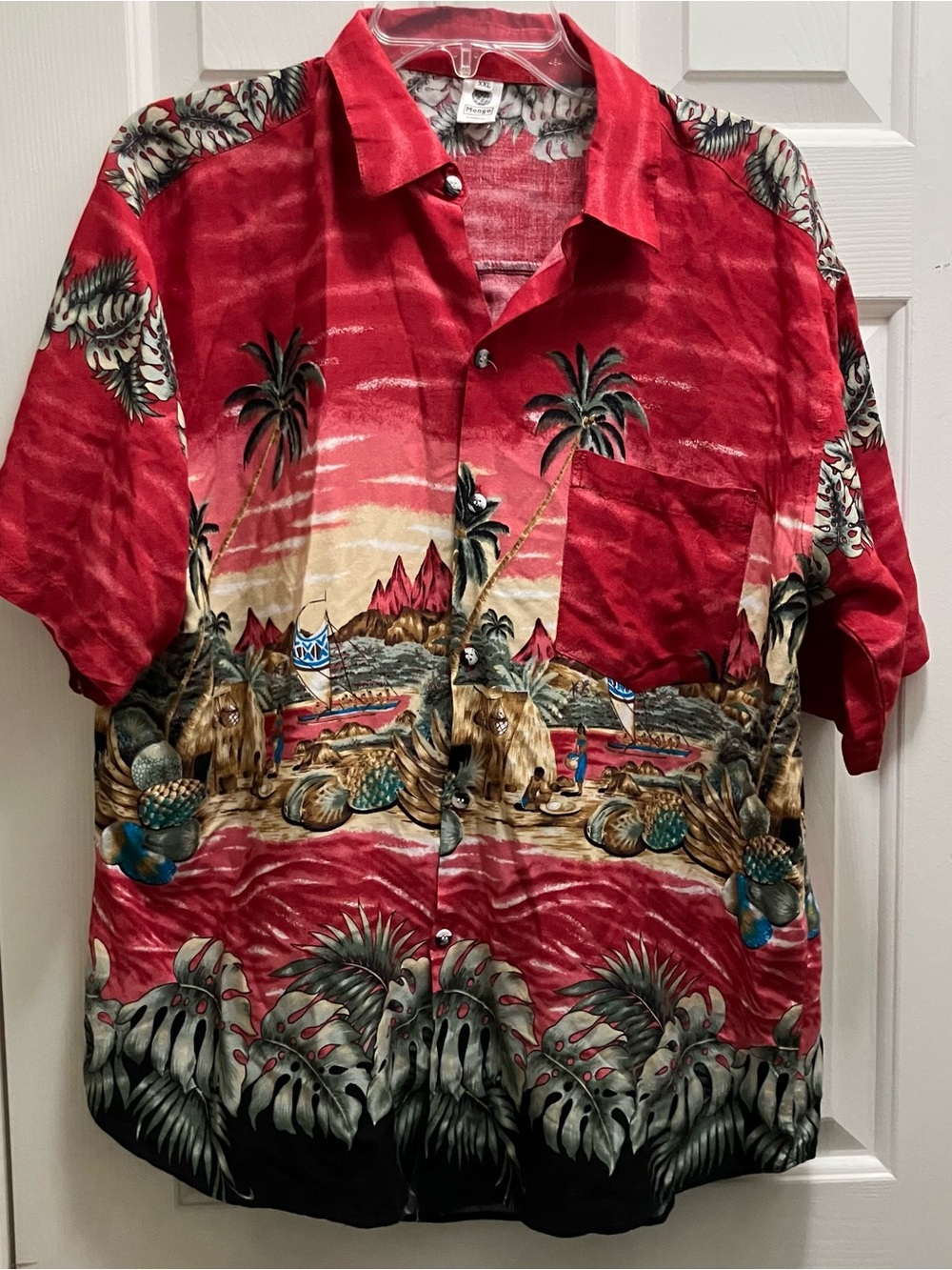 Mango Hawaiian Button Down Shirt Mens Size XXL Red Floral With Palm Trees